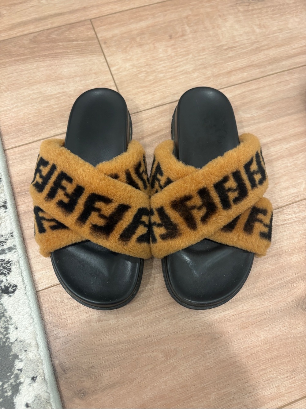 Faux-Fur Crisscross Slide Sandals in Camel & Black